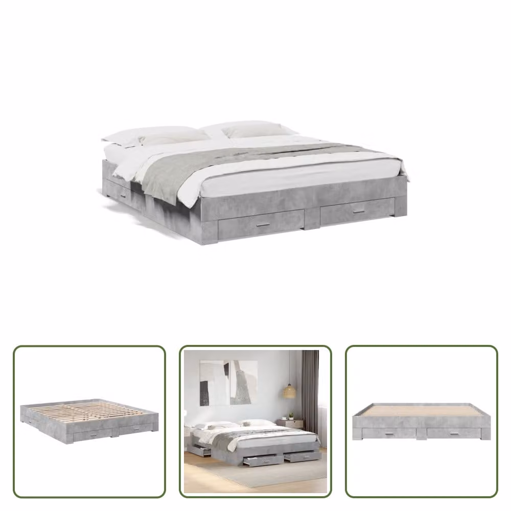The Living Store Struttura letto con cassetti in cemento grigio 200x200 cm materiale legno