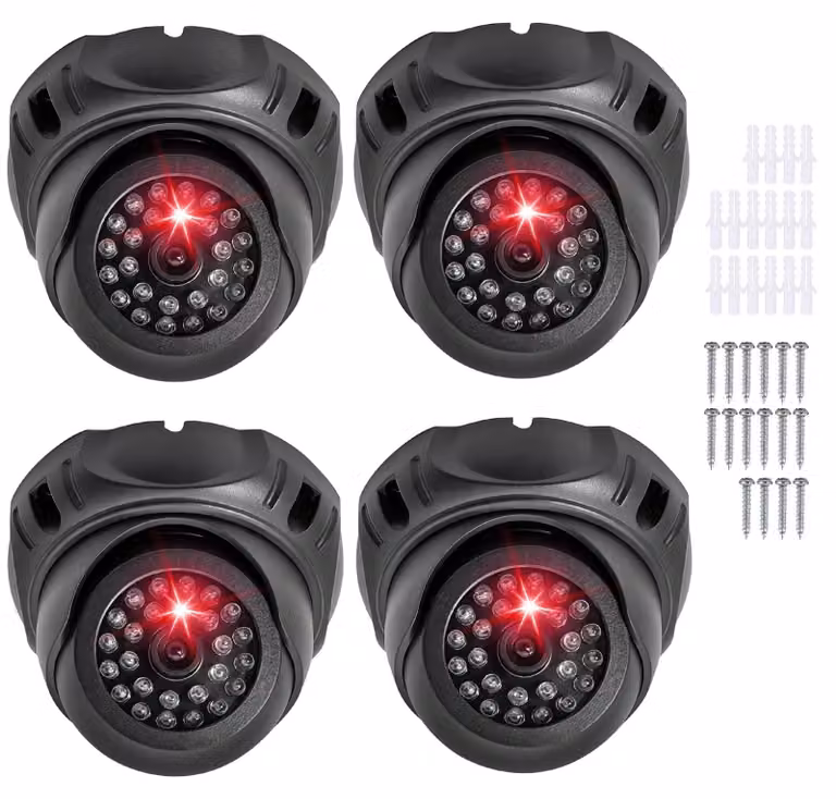 4 telecamere finte, telecamere di sicurezza simulate, con LED rosso lampeggiante, adatte per interni ed esterni
