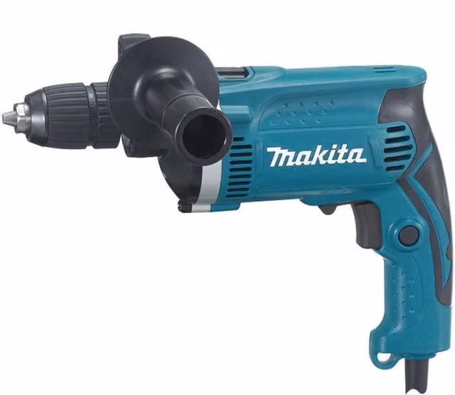 Trapano a percussione professionale Makita HP1631 blu con accessori, punte e giubbino