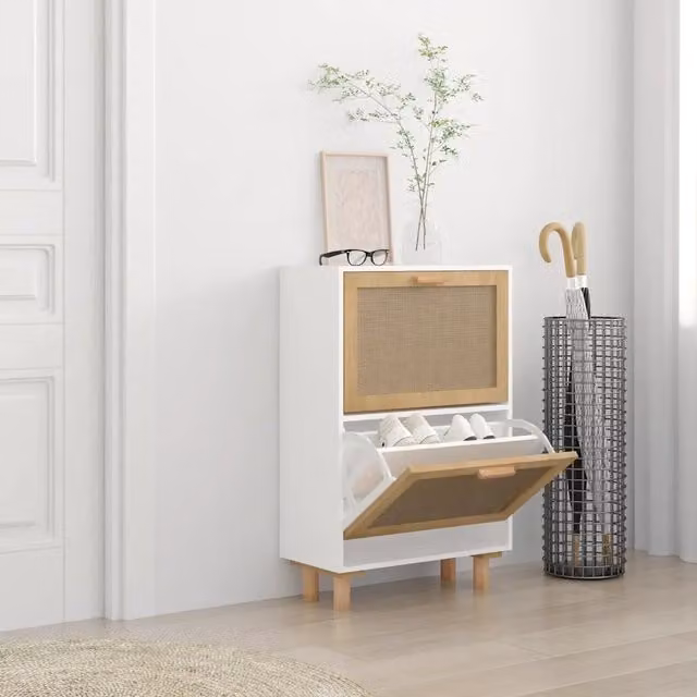 Scarpiera bianca in stile scandinavo vidaXL con legno e rattan L/P/H: 52 x 25 x 80 cm