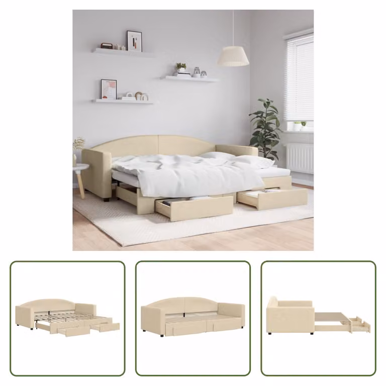 The Living Store letto da giorno allungabile con cassetti crema 90x200 cm in tessuto