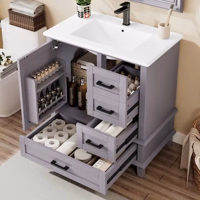Mobile bagno moderno a pavimento grigio con lavabo in ceramica, L: 76 cm, P: 46 cm, H: 83,5 cm