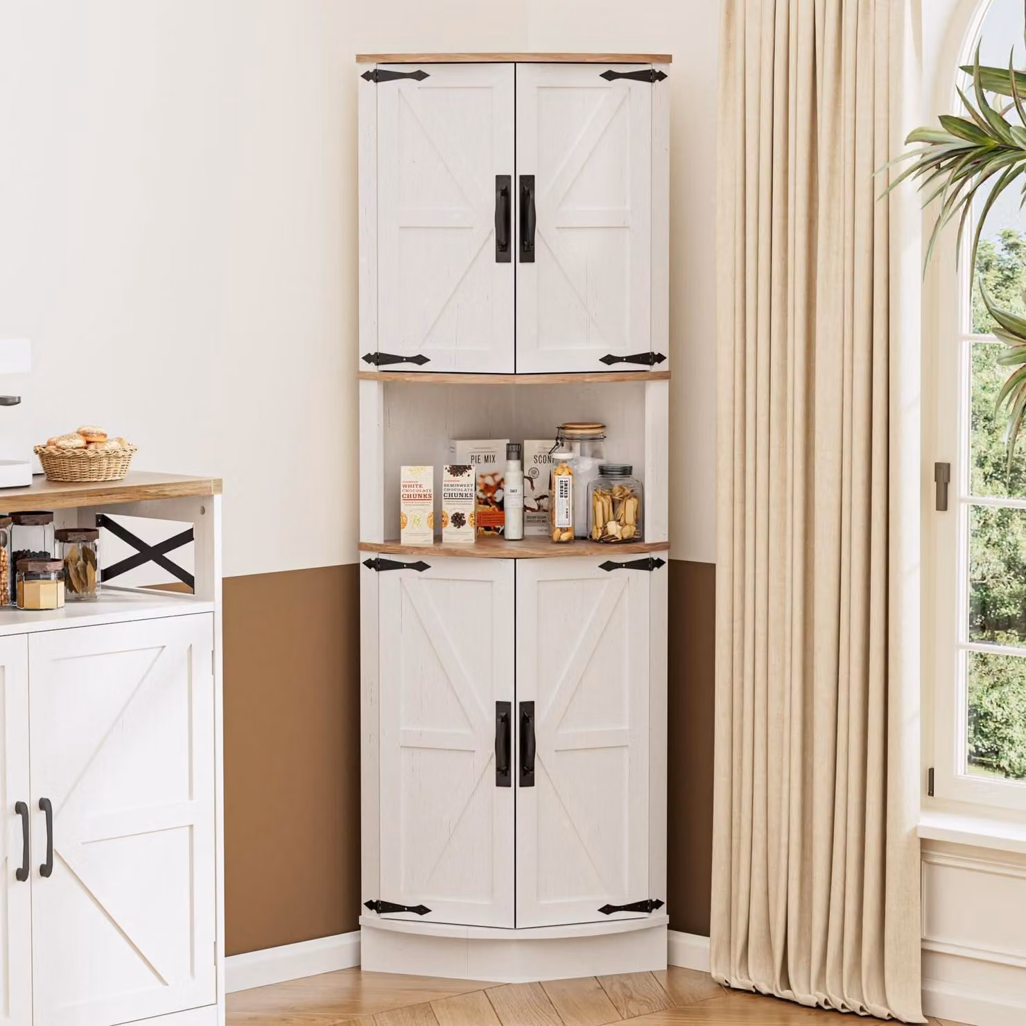 Armadio alto ad angolo, 165 cm, bianco, in legno, con 4 ante e 5 ripiani