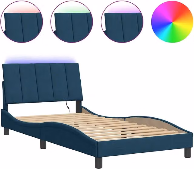 Letto singolo Hanko blu in velluto con illuminazione LED e porta USB, L/P/H: 100 x 200 cm