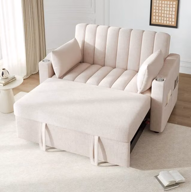 Divano letto 2 posti ULEVR 136x162x84 cm con schienale regolabile, portabevande e tasche laterali, beige