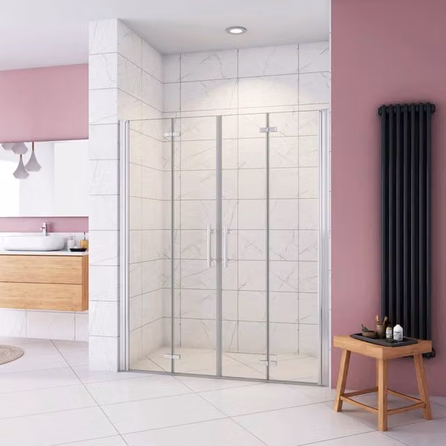 Box Doccia in Linea per Nicchia 185 cm Doppia Porta Battente 4 Ante Pieghevoli Saloon Vetro Temperato 6 mm Anticalcare 147 cm (76+76: 1438-1478 mm)