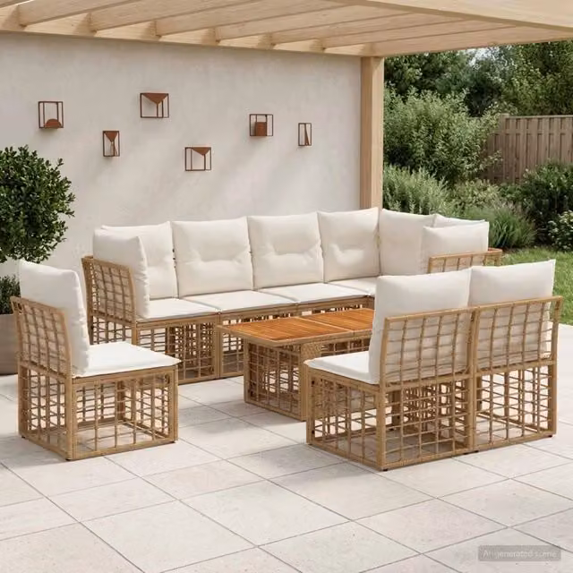 Set Divano da Giardino 9 pz Naturale e Bianco Crema polyrattan 3437872