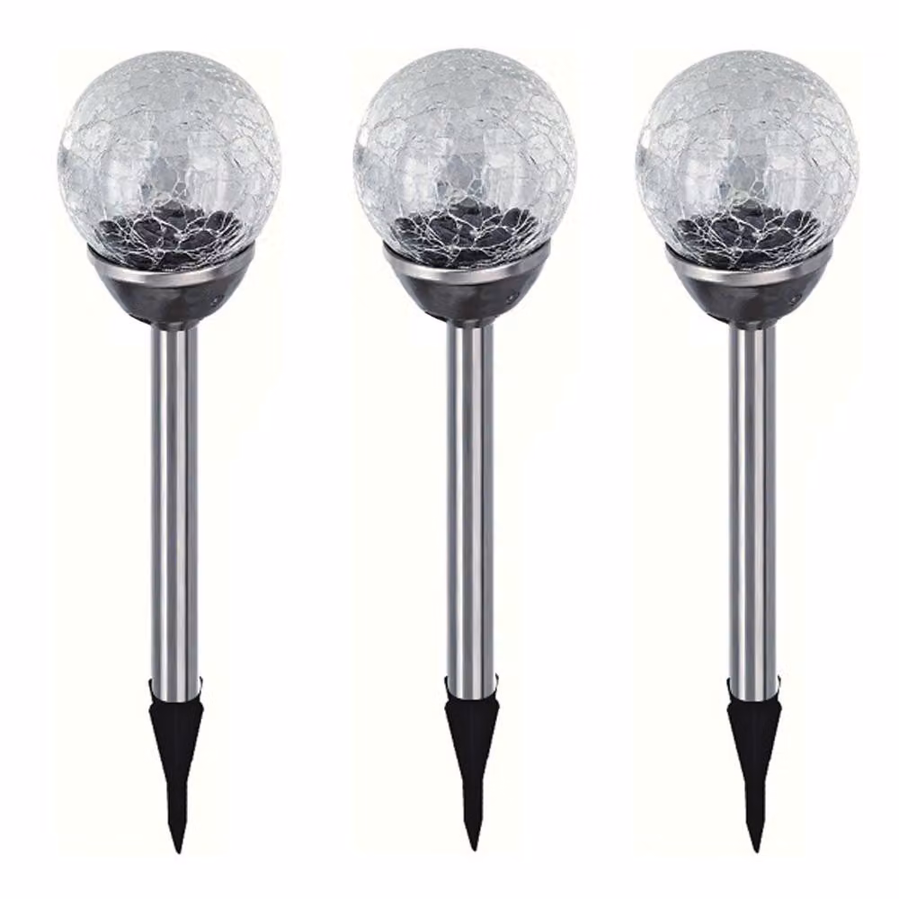3 lampade da giardino a LED in acciaio inossidabile a forma di sfera con effetto "crackle", lampada solare, illuminazione decorativa da giardino, lampada bianca