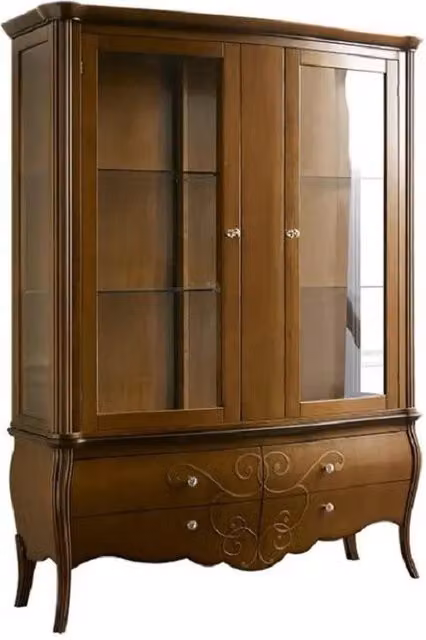 Vetrina in legno stile arte povera con ante in vetro e ripiani interni Mobili 2G colore noce L: 170 cm, P: 50 cm, H: 215 cm