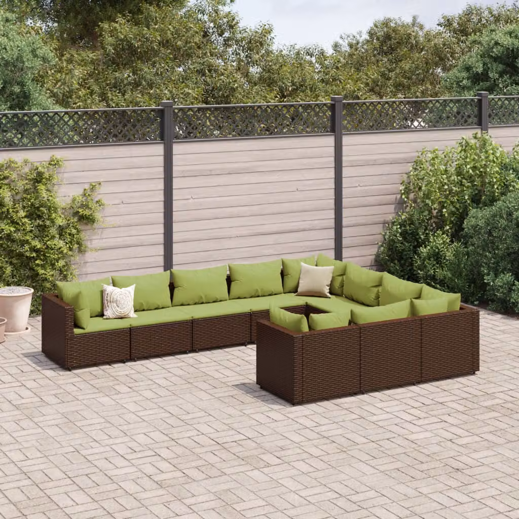 vidaXL Set Divani da Giardino a Forma di L con Cuscini, Struttura in Metallo e Polyrattan, Marrone e Verde