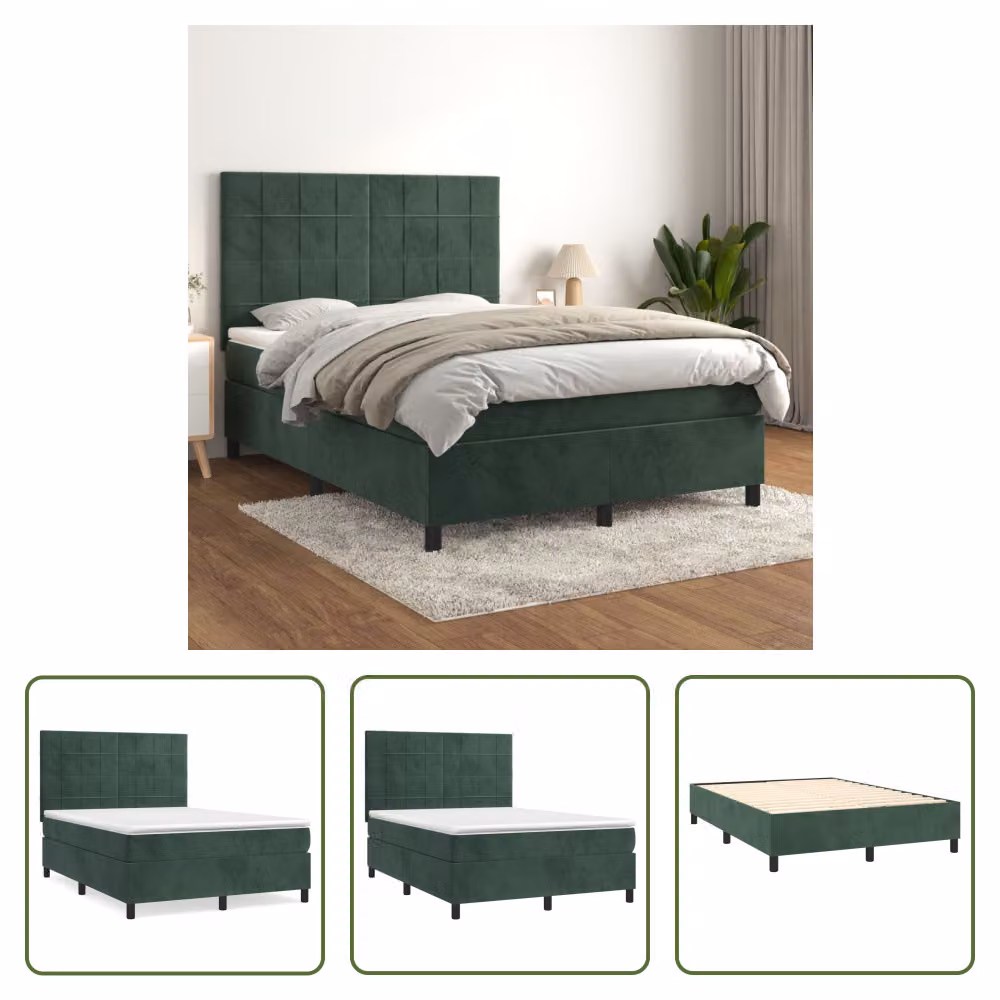 The Living Store Letto a molle con materasso verde scuro 140x200 cm in velluto