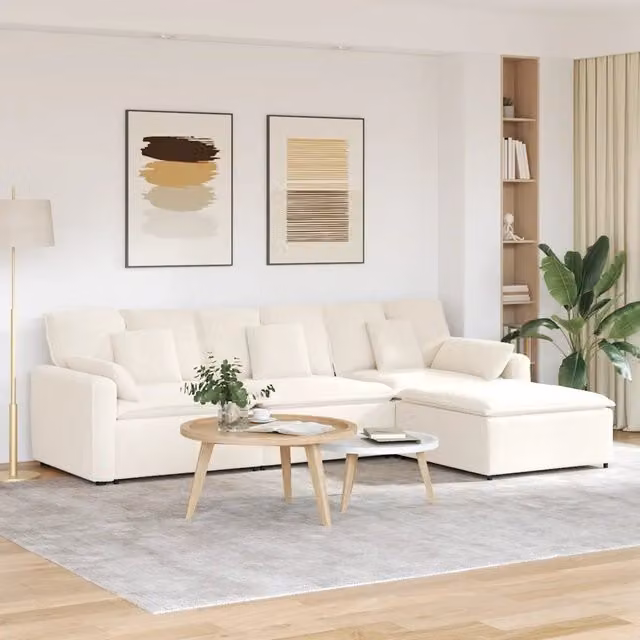 Divano Modulare con Poggiapiedi e Cuscini Crema 3321085