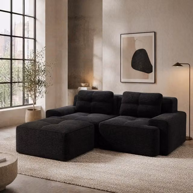 Divano modulare in corduroy nero con seduta profonda 204x177x69 cm; design basso antiscivolo