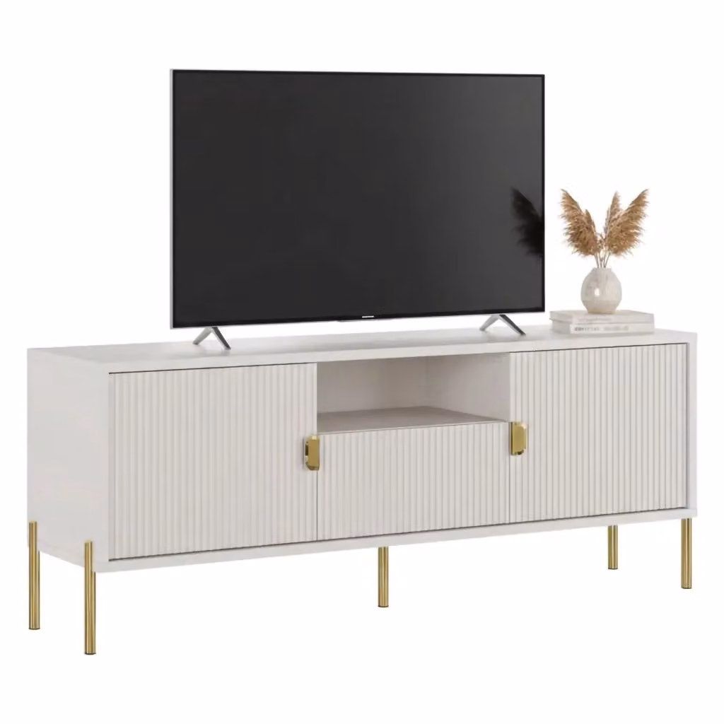 Mobile porta TV Rabattone DMORA con un cassetto soft close, beige e bianco, L 155 cm x P 40 cm x H 69 cm – 2