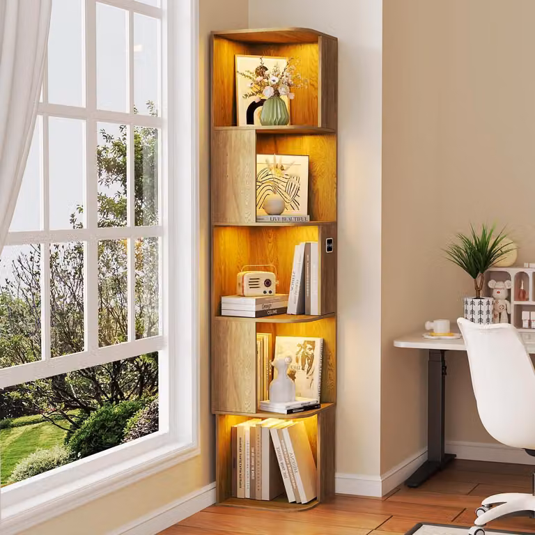 Libreria angolare, modello a colonna, con 5 ripiani, illuminazione a LED e sensori, dimensioni 35x35x165 cm, finitura noce