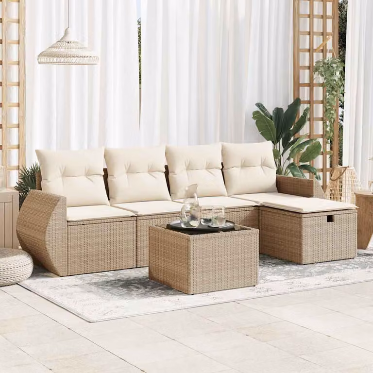 Set Divano da Giardino vidaXL 6 pz in Polyrattan Beige con Cuscini e Tavolino da Esterno a Forma di L