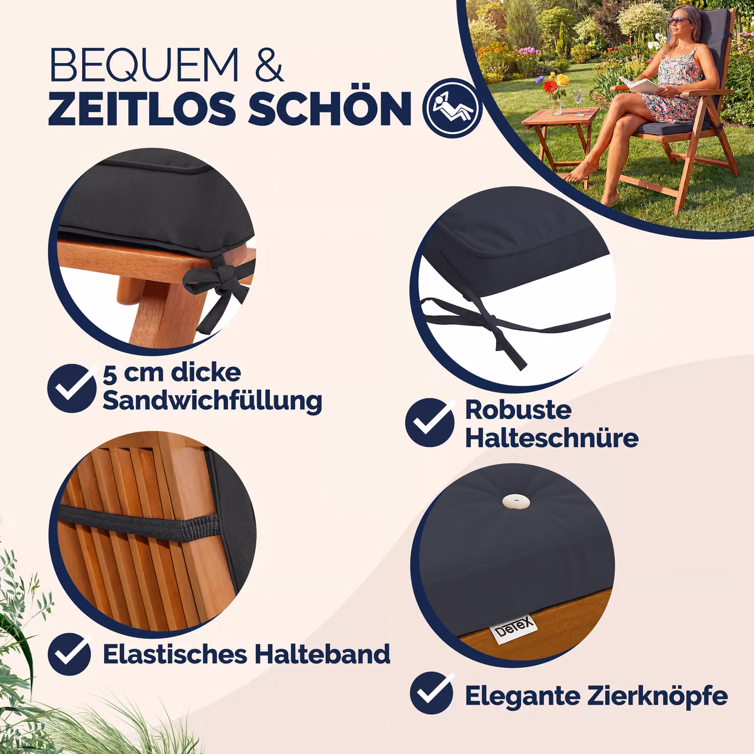 Set di 6 imbottiture per sedie quadrate in poliestere trapuntato e idrorepellente Detex, disponibili nei colori grigio, bianco e antracite – 2