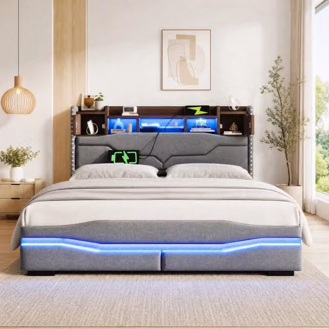Letto matrimoniale MODFU imbottito in tessuto grigio con contenitore a sollevamento e luci LED sotto il letto L/P: 160 x 200 cm