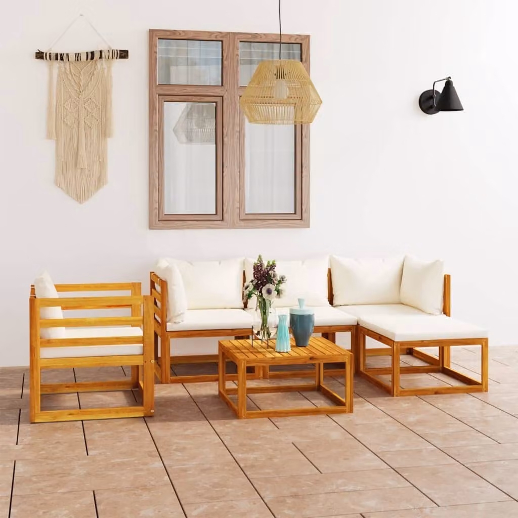 The Living Store Set da giardino da 6 pezzi con cuscini in legno massiccio di acacia color crema