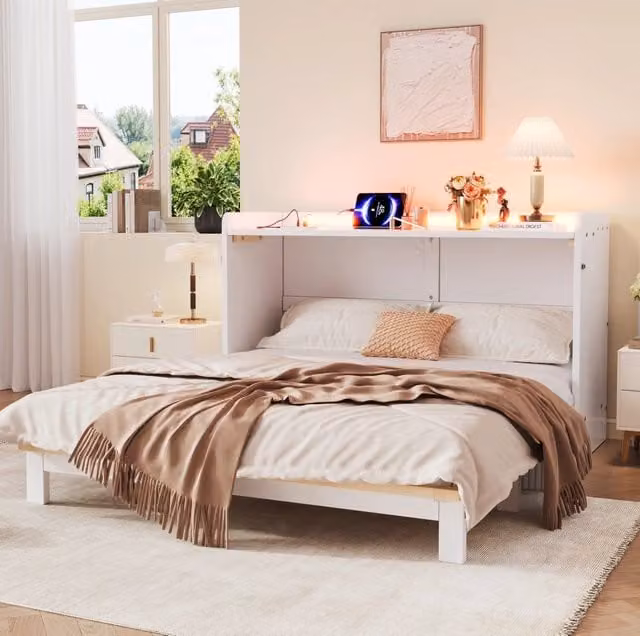 Letto a scomparsa 140x200 cm bianco con LED, USB, presa e cassetti