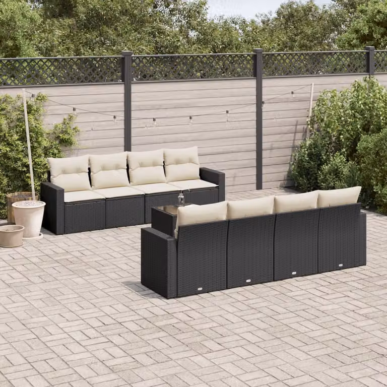 vidaXL Set Divani da Giardino 9 pz in Polyrattan Nero con Cuscini e Tavolino da Esterno