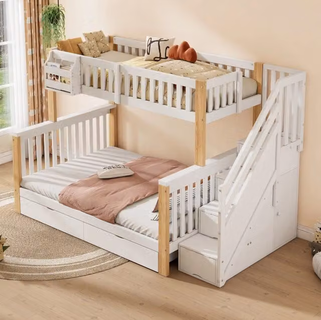 Letto a castello ULEVR 90x200 e 140x200 cm con cassetto, cestini e mobili contenitore, bianco e naturale