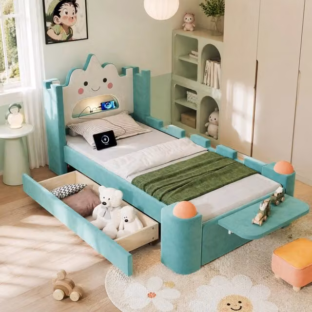 Letto singolo imbottito per bambini 90x200 cm con testiera a nuvola, LED con USB, cassetto contenitore e ripiano richiudibile, velluto blu-verde