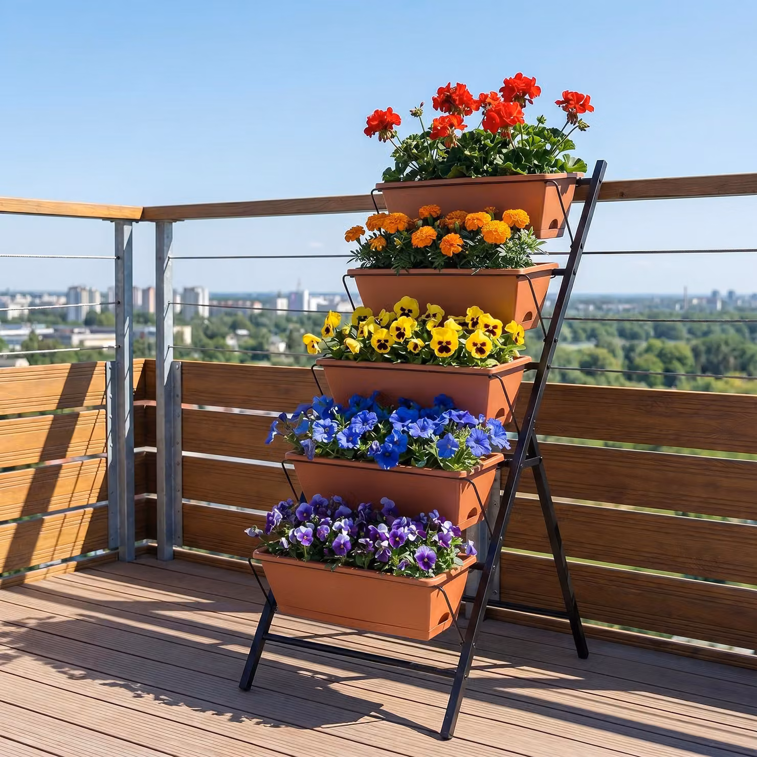 Fioriera verticale Costway in metallo marrone con 5 vasi porta piante e fiori per orto rialzato da giardino a scaletta