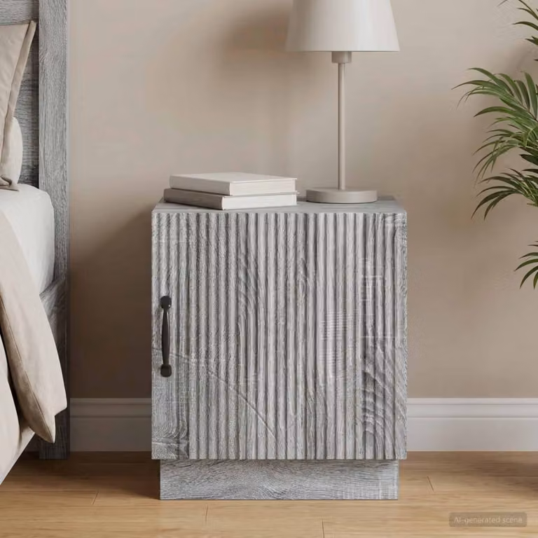 Comodino moderno vidaXL in legno ingegnerizzato e metallo, grigio e nero, L 43 x P 34,5 x H 47 cm