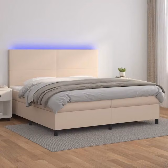 Letto con giroletto a molle e illuminazione LED vidaXL, colore cappuccino, rivestimento in similpelle e tessuto, L/P: 200 x 200 cm