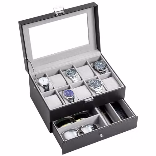 ProCase Porta Orologi Uomo a 10 Posti, Scatola Portaorologi in Pelle, Custodia Orologio con Cassetto e Coperchio in Vetro, Portagioie Uomo per Orologi Anelli Idea Regalo - Nero