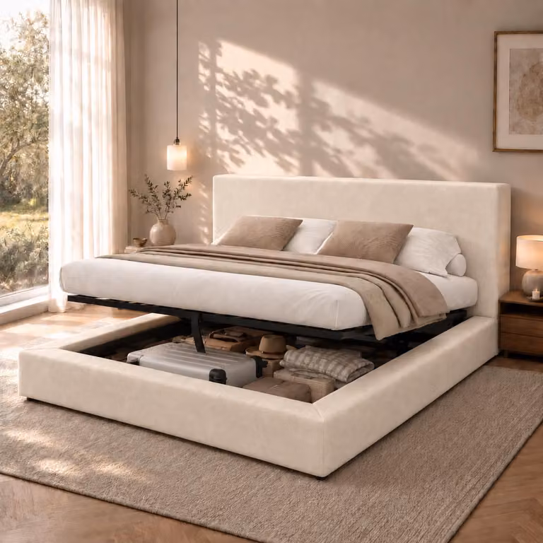 Letto imbottito 180 x 200 cm con rivestimento in velluto e contenitore a sollevamento idraulico, letto matrimoniale con imbottitura di 12 cm nella testiera e design a blocco; letto contenitore color beige