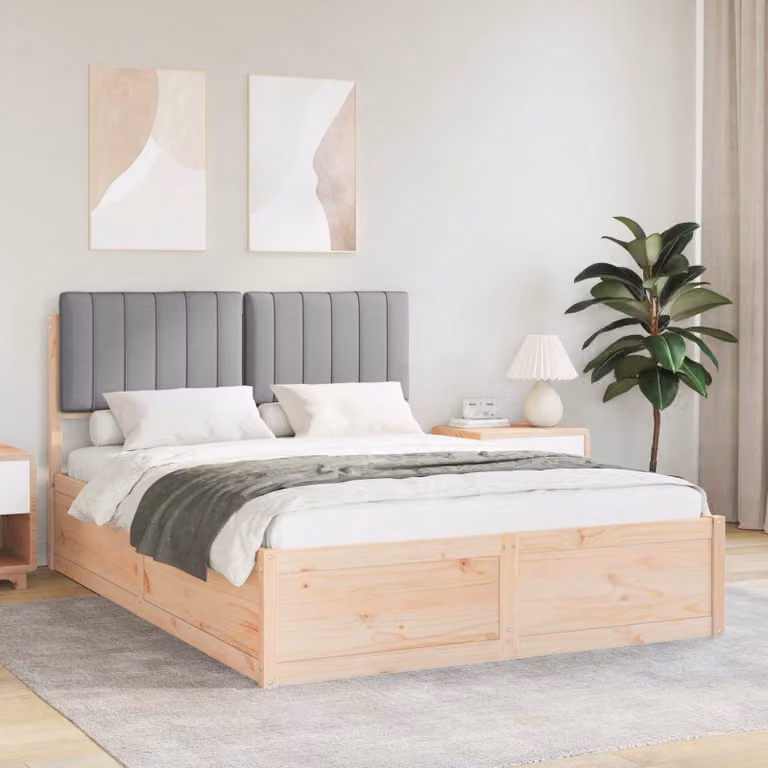 Letto con Testiera Rivestita vidaXL in Legno di Pino e Tessuto Grigio L: 135 cm, P: 190 cm