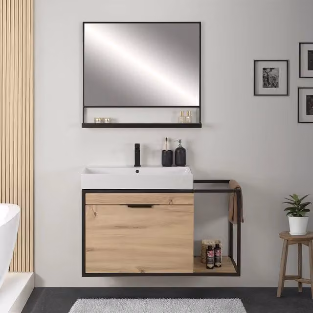 Mobile bagno sospeso Zante INBAGNO in legno e metallo nero con specchio stile industrial L: 80 cm, P: 44,5 cm, H: 55 cm