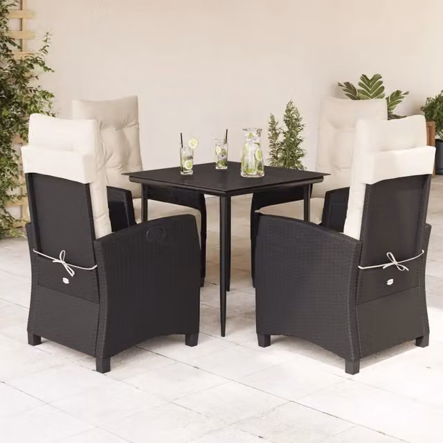 Set da Pranzo da Giardino 5 pz Nero con Cuscini in Polyrattan 3212724