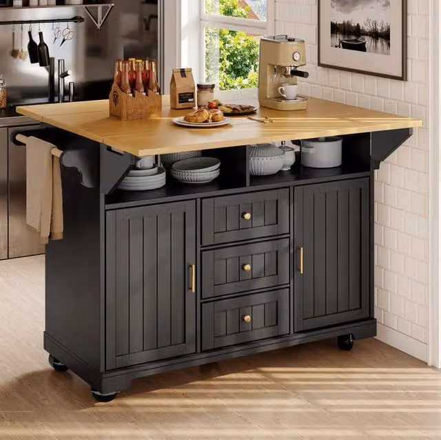 Isola cucina 120x40x95 cm; piano pieghevole; MDF e metallo; nero
