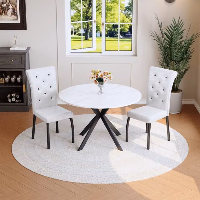 Set tavolo da pranzo e sedie con 1 tavolo rotondo e 2 sedie imbottite in MDF, metallo e PVC nero e bianco