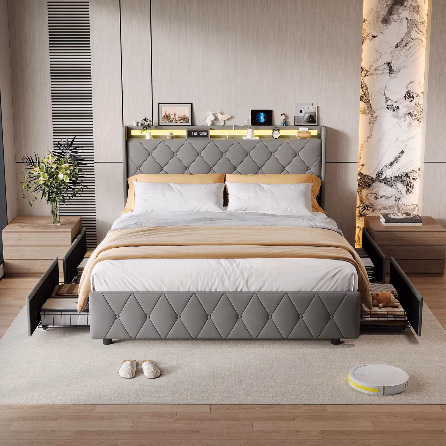 Letto da 140 x 200 cm con contenitore, illuminazione a LED e porta USB, letto singolo imbottito con 4 cassetti, rete a doghe, rivestimento in velluto, grigio