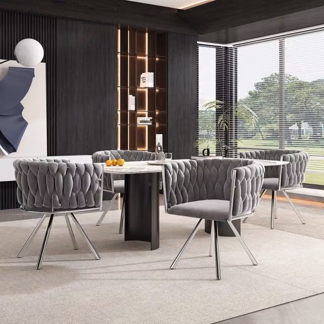 Set da 4 sedie girevoli REDOM in velluto grigio e argento con struttura in metallo per la tua sala da pranzo