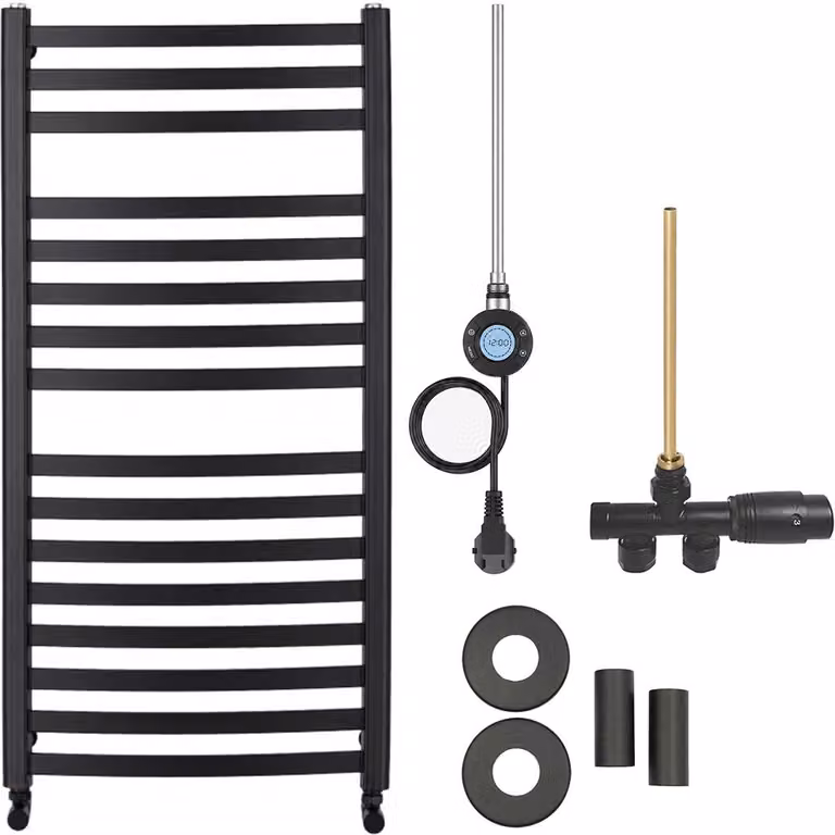 Kit radiatore per bagno Paolo - riscaldamento combinato, antenna Wi-Fi - collegamento laterale a un punto - 600W - nero opaco - 1090x550 mm