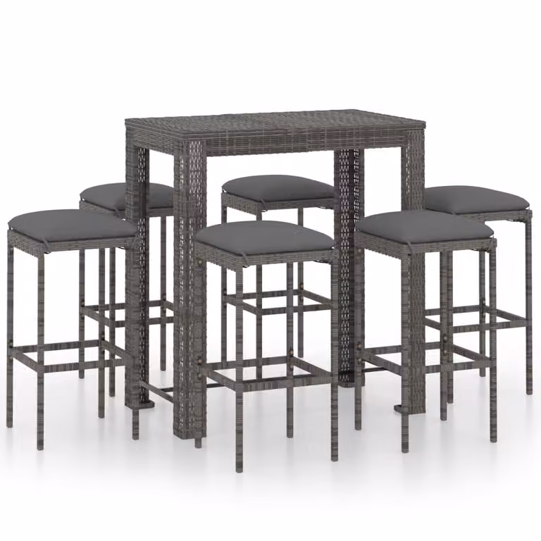 Set da Bar da Giardino 7 pz con Cuscini in Polyrattan Grigio