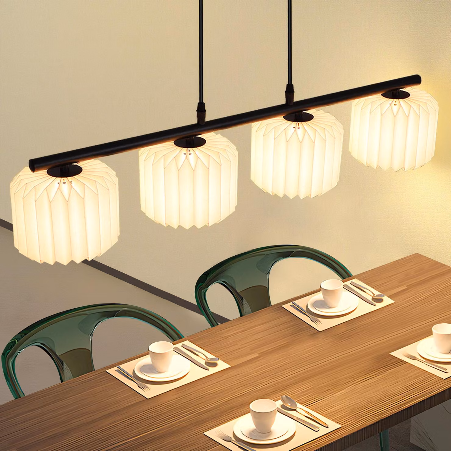 ZMH lampada a sospensione da tavolo 4 fiamme soggiorno lampada a sospensione paralume carta appeso sala da pranzo lampada vintage lunga lampada a sospensione