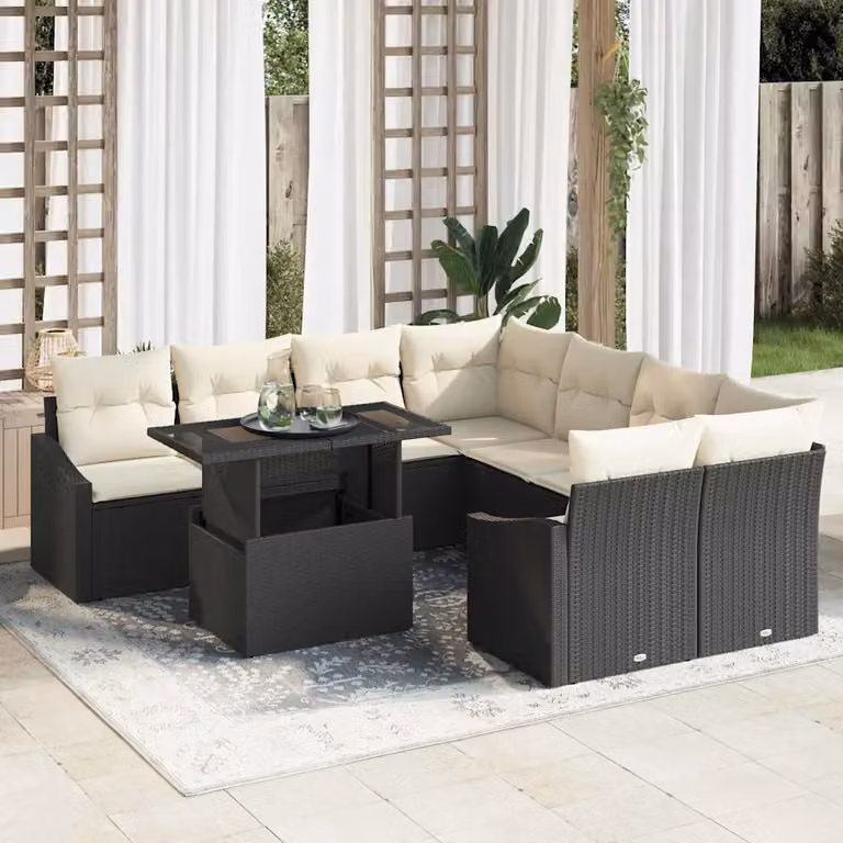 Set Divano da Giardino vidaXL 9 pz in Polyrattan Nero e Beige con Cuscini e Tavolino