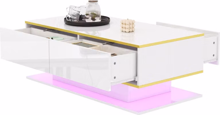 Fortuna Lai Tavolino moderno a LED con finitura lucida, lunghezza 100 cm, decorazioni dorate, 3 cassetti e striscia luminosa a LED USB (richiede adattatore/power bank)