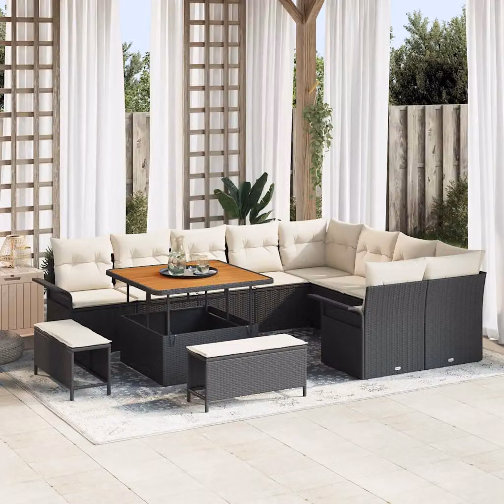 Set Divano da Giardino vidaXL 12 Pezzi con Cuscini Nero e Beige – 1