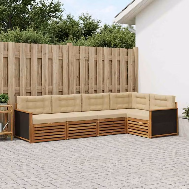 Set di divani da esterno vidaXL a forma di L composto da 5 pezzi in legno di acacia e tessuto beige resistente ai raggi UV con cuscini inclusi