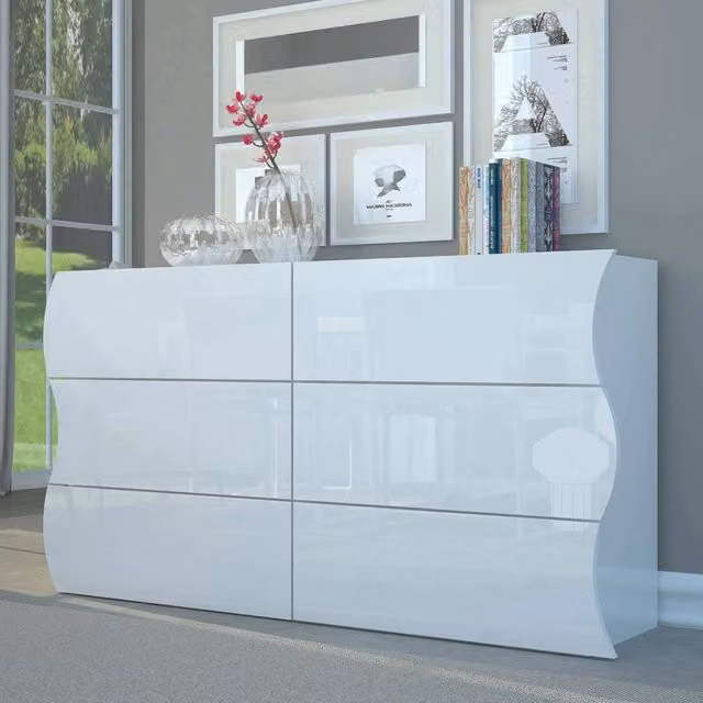 Comò Aton DMORA, Credenza con 6 cassetti per Soggiorno e Camera, Bianco lucido, L: 155 cm, P: 40 cm, H: 82 cm – 1