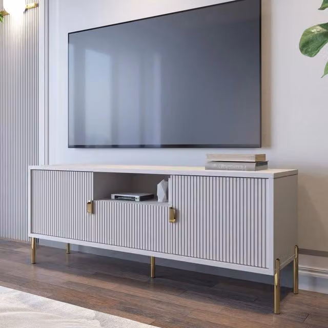 Mobile porta TV Rabattone DMORA con un cassetto soft close, beige e bianco, L 155 cm x P 40 cm x H 69 cm