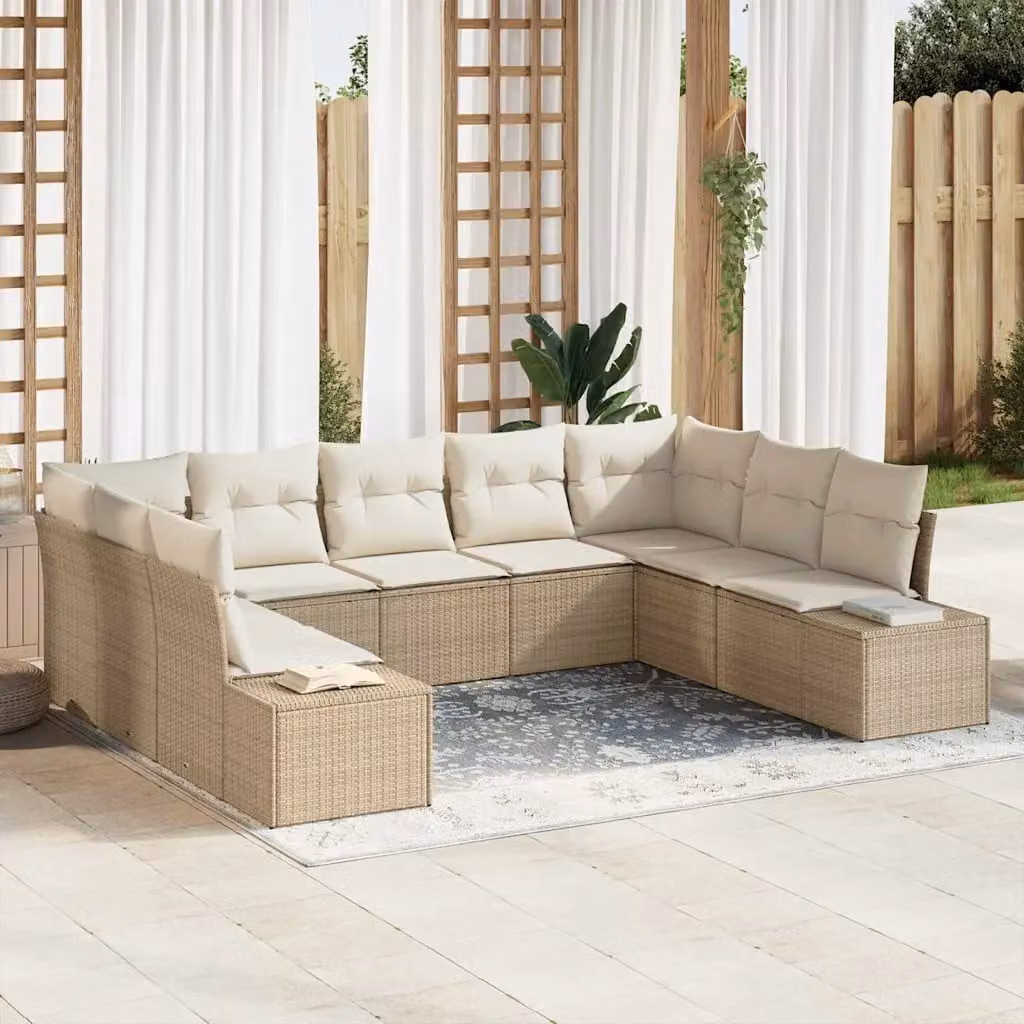 Set Divano da Giardino vidaXL 9 Pezzi Beige con Cuscini e Tavolino in Polyrattan e Metallo – 1