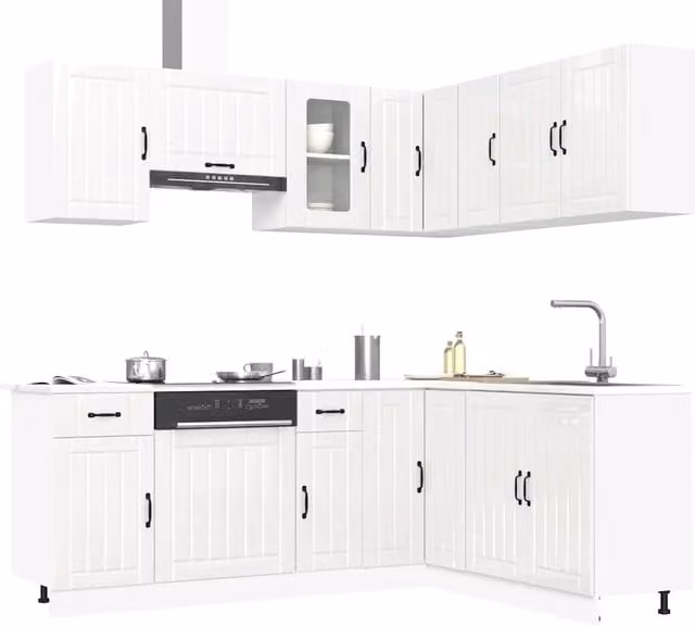 Set di mobili da cucina moderno vidaXL bianco lucido con ante a battente e scaffali aperti in legno, vetro e MDF